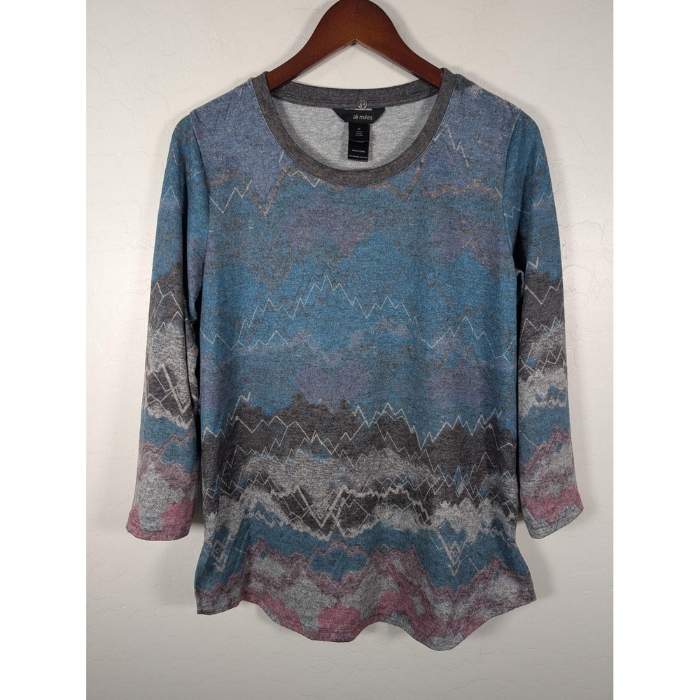 Ali Miles Shirt Womens Medium‎ Blue Gray Zigzag Geometric Tunic Top 3/4 Sleeve
